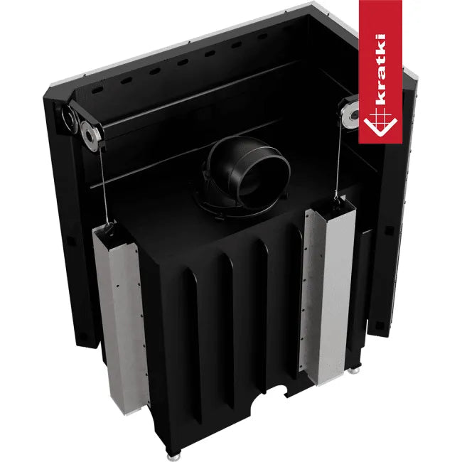 Kratki Nadia 14 kW Links, zwarte metalen haard met zilveren accenten en merklogo.