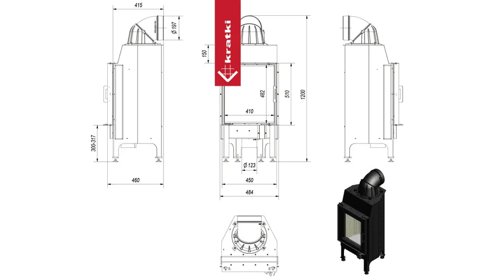 Technische tekening en zijaanzicht van Kratki Nadia 8 kW houtkachel.