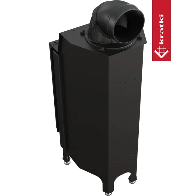 Zwarte Kratki Nadia 9 kW houtkachel met moderne, strakke vormgeving en bovenafvoer.