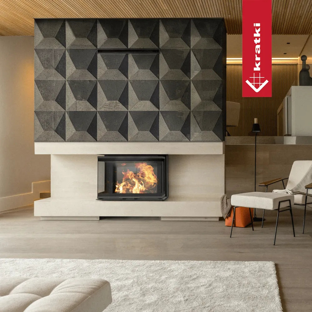 Moderne woonkamer met Kratki NBC 800/400 haard, geometrische muur en stijlvolle meubels.