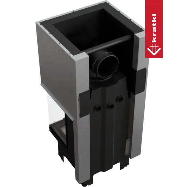 Kratki NBC 600/400 moderne inbouwhaard met glazen zijpaneel en robuuste metalen constructie.