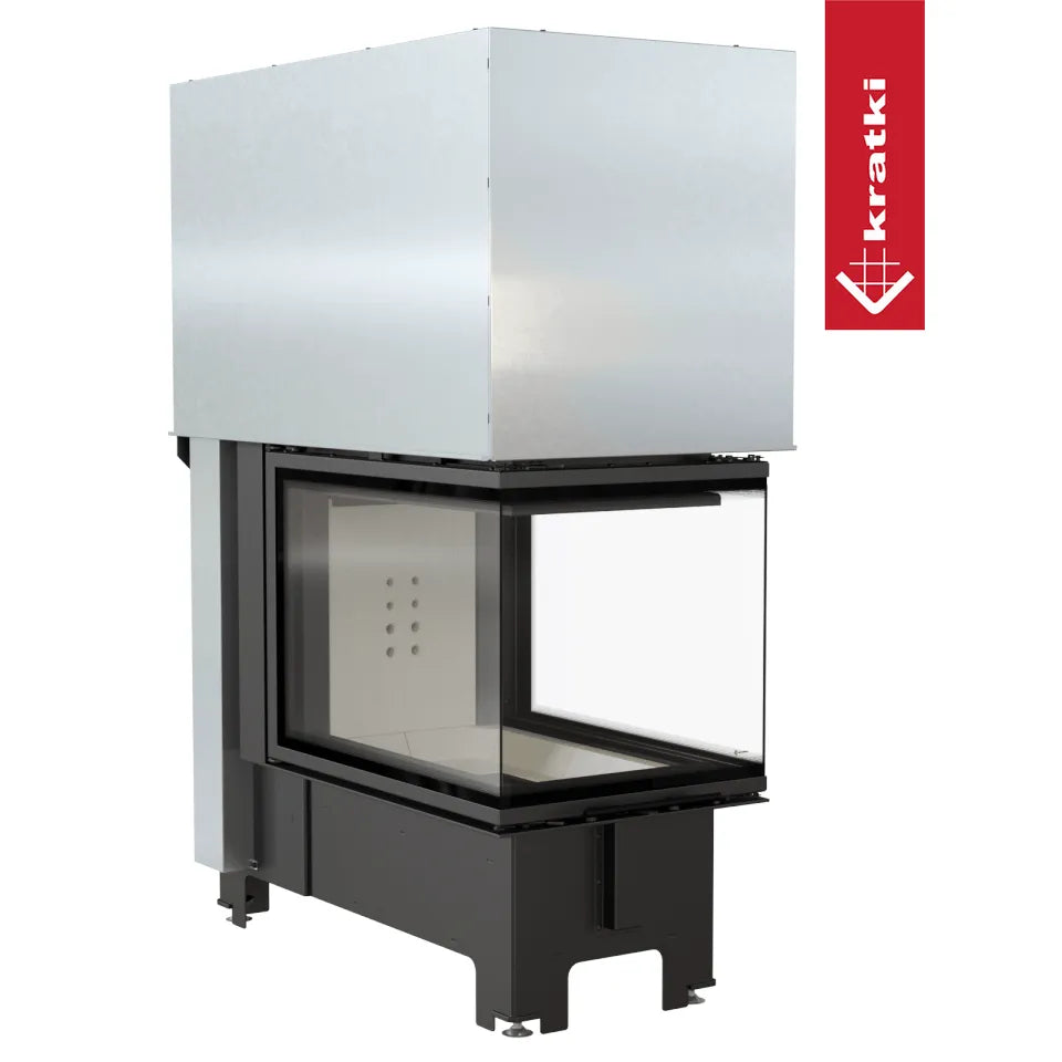 Kratki NBU 500/700, moderne inbouwhaard met glazen zijpanelen en metalen behuizing.