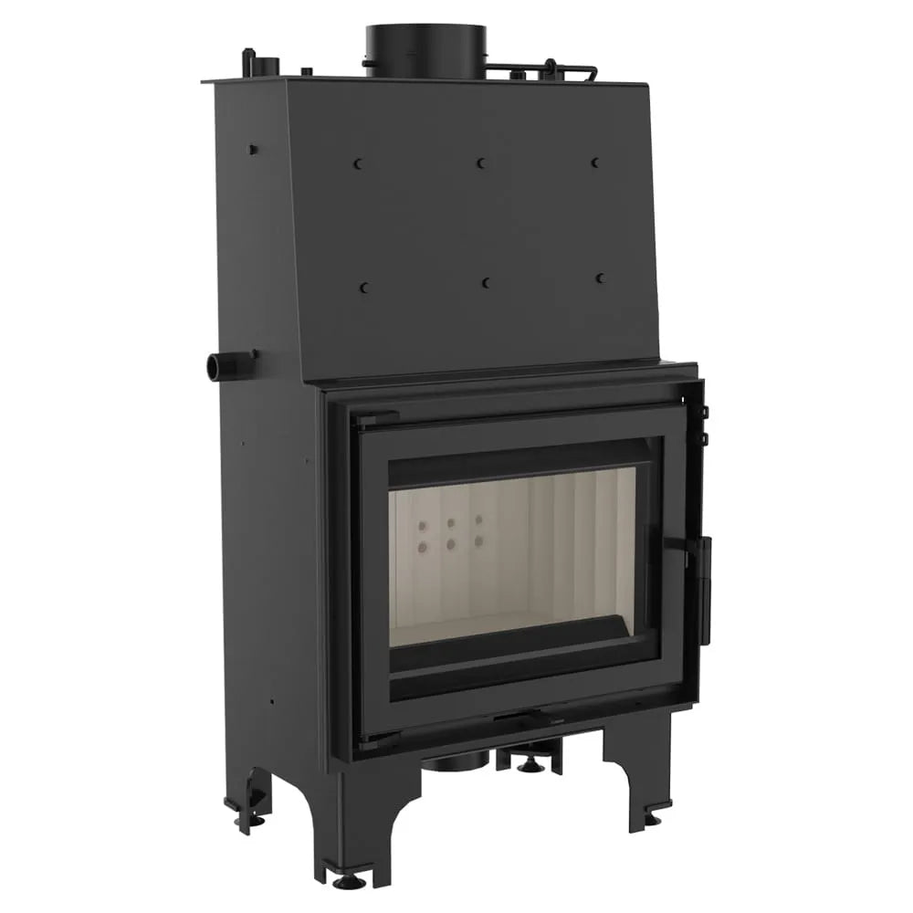 Zwarte Kratki Aquario M 12 kW houtkachel met glazen deur en metalen frame.