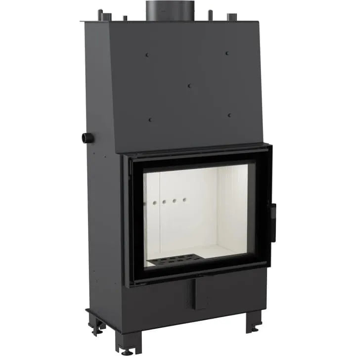 Zwarte Kratki Lucy CV 12 kW houtkachel met glazen deur en witte binnenkant.