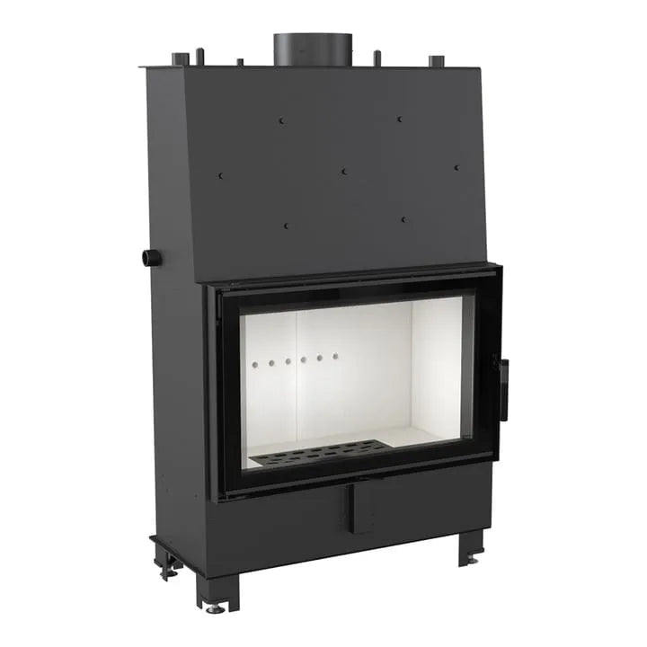 Zwarte Kratki Lucy CV 16 kW houtkachel met glazen deur en witte binnenkant.