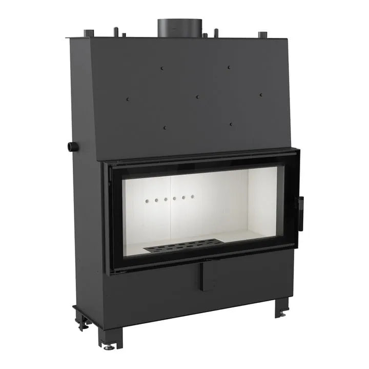 Zwarte Kratki Lucy CV 20 kW inbouwhaard met glazen deur en witte binnenkant.