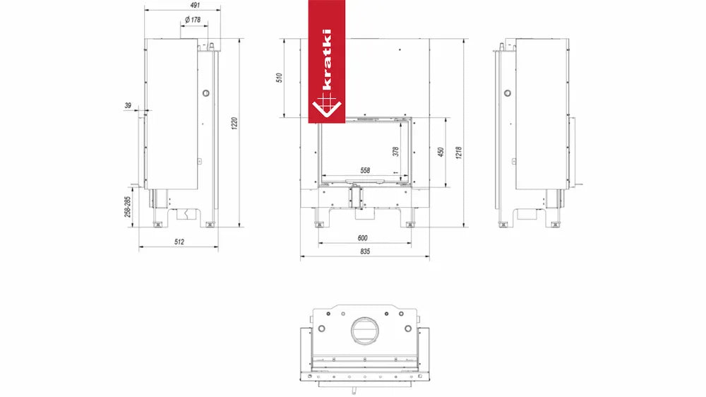 Technische tekening van Kratki MBM CV haard met gedetailleerde afmetingen en aanzichten.