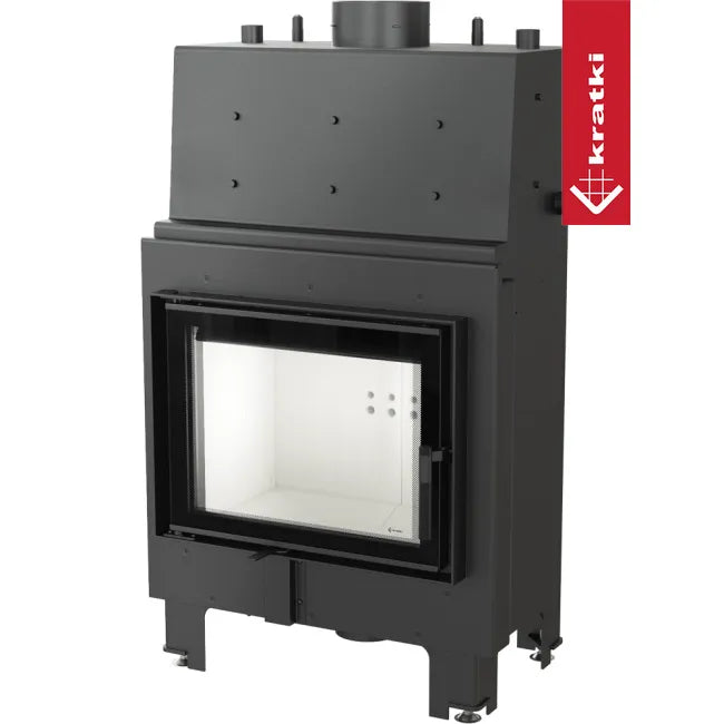 Zwarte Kratki MBM CV houtkachel met glazen deur en wit interieur.