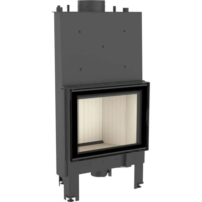 Zwarte Kratki Nadia CV 10 kW houtkachel met glazen deur en witte binnenkant.
