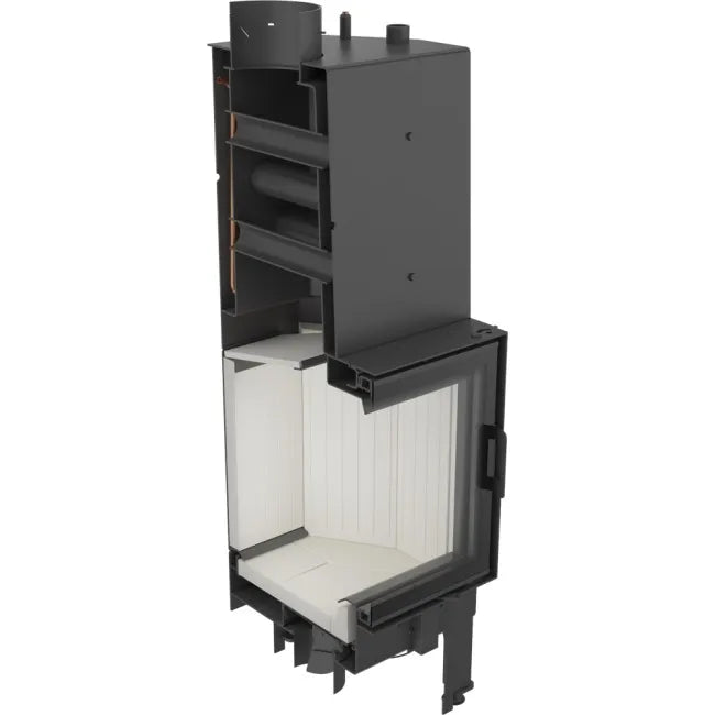 Doorsnede van Kratki Nadia CV 10 kW houtkachel met binnenwerk zichtbaar.