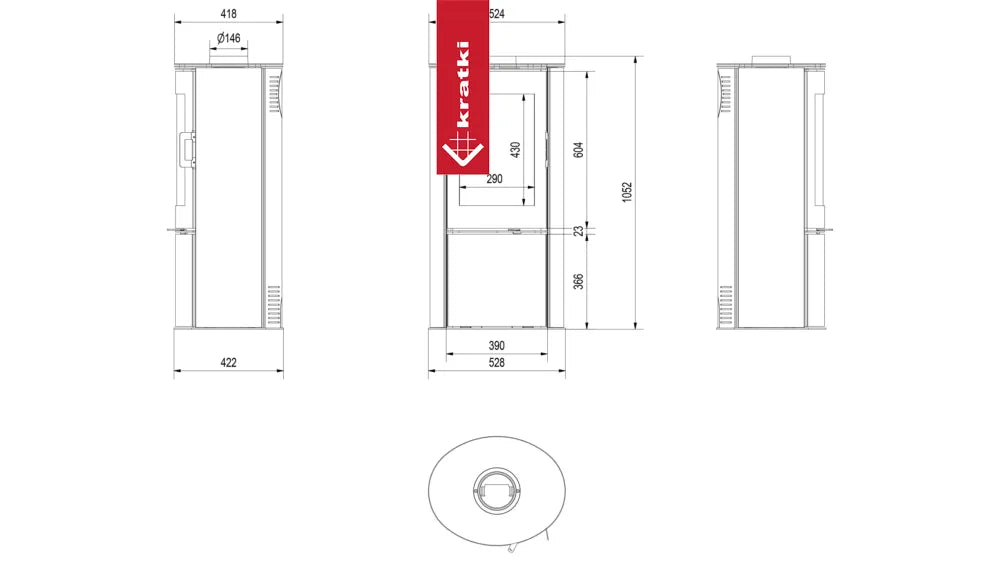 Technische tekening van Kratki AB DR met afmetingen en doorsneden van de kachel.