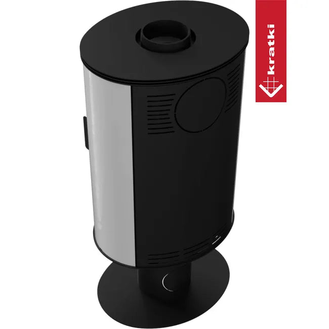 Zwarte en zilveren Kratki AB DR houtkachel met ovale vorm en modern design.