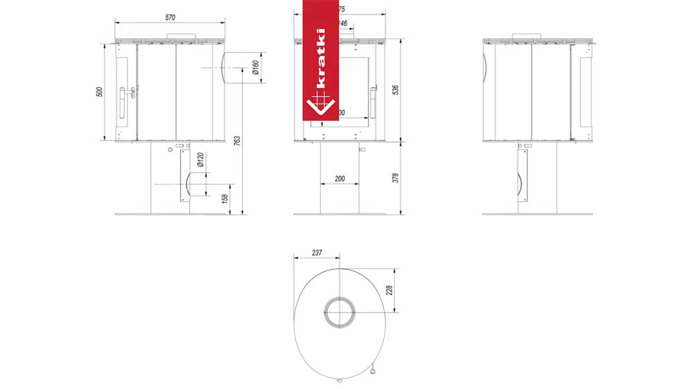 Technische tekening van Kratki Orbit haard met gedetailleerde afmetingen en zijaanzichten.
