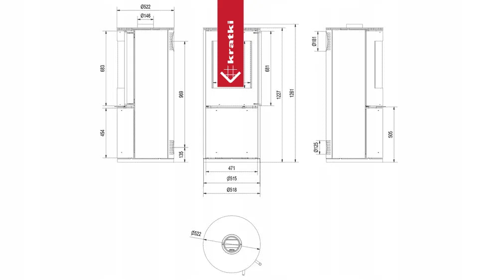 Technische tekening van Kratki Picard haard met gedetailleerde afmetingen en doorsneden.
