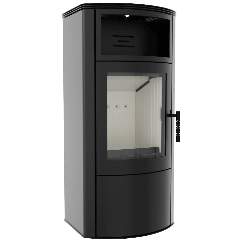 Zwarte Kratki Titan houtkachel met glazen deur en moderne, strakke vormgeving.