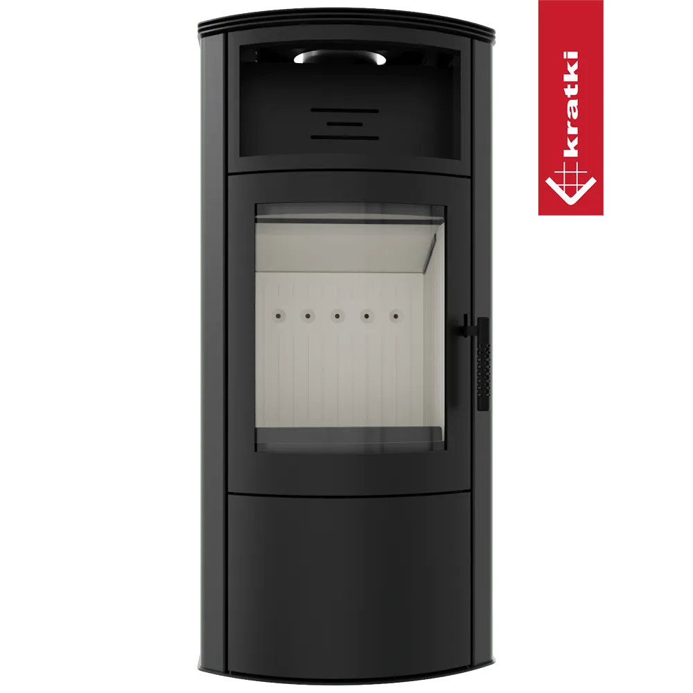 Zwarte Kratki Titan houtkachel met glazen deur en modern ontwerp.