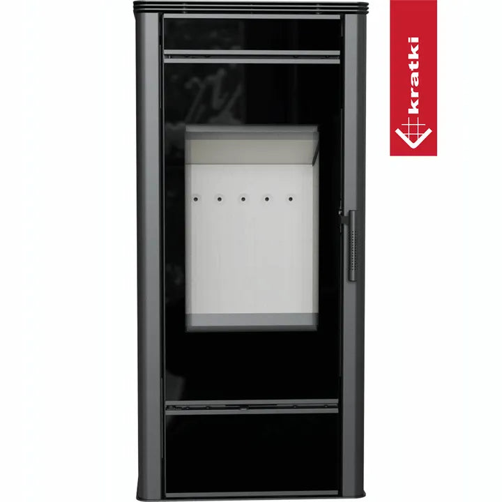 Zwarte Kratki Titan houtkachel met glazen deur en strak, modern ontwerp.