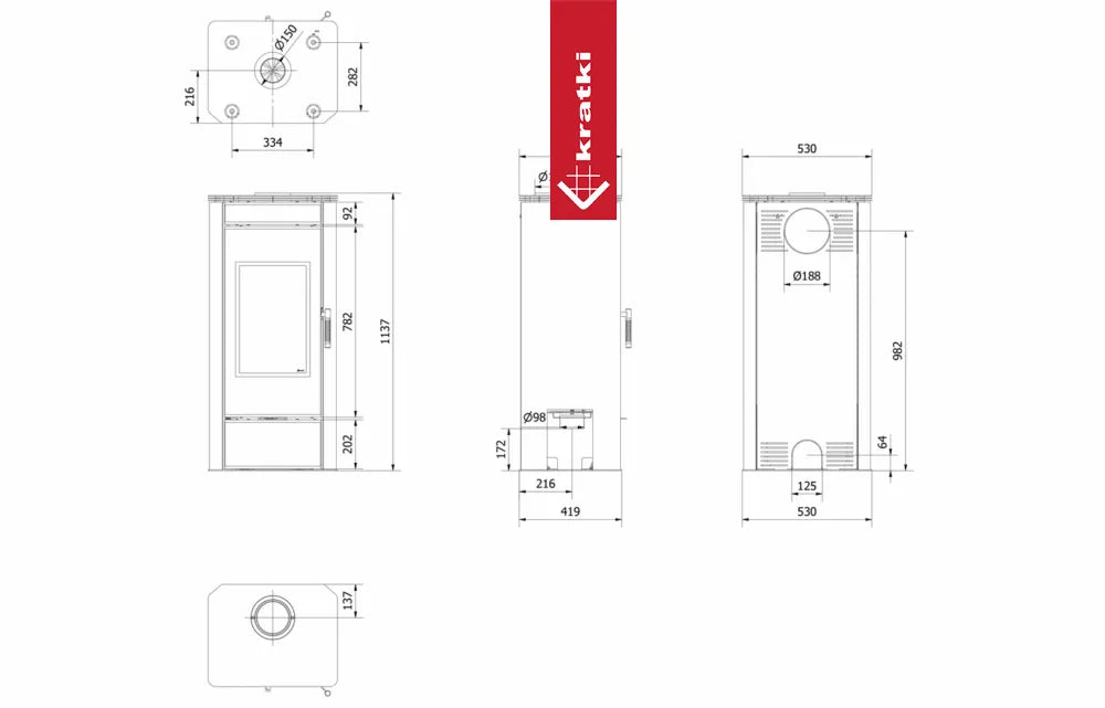 Technische tekening van Kratki Titan met gedetailleerde afmetingen en aanzichten.