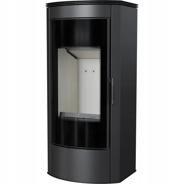 Zwarte Kratki Titan Rond houtkachel met groot glazen venster en strak, modern ontwerp.