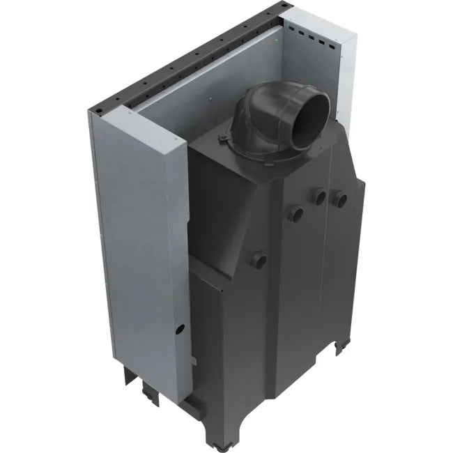 Zwarte Kratki MBO houtkachel met metalen behuizing en rookafvoerpijp, geschikt voor inbouw.