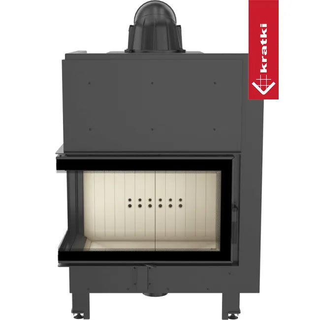 Kratki MBO Links inbouwhaard met glazen deur en zwart metalen frame.