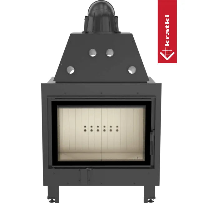 Kratki MBO houtkachel met glazen deur en zwart metalen behuizing, merklogo aan de zijkant.