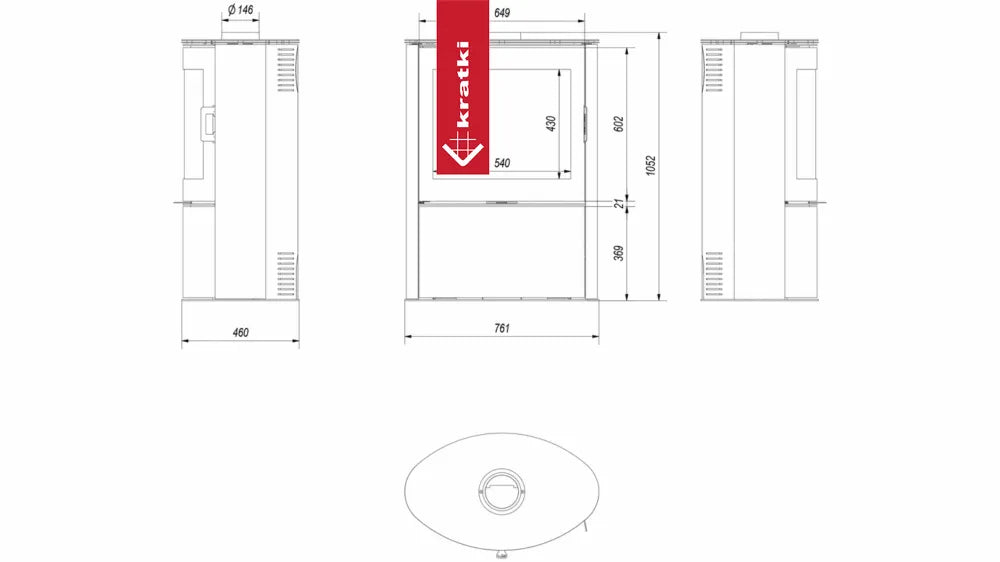 Technische tekening van Kratki AB 2 haard met afmetingen en zijaanzichten.
