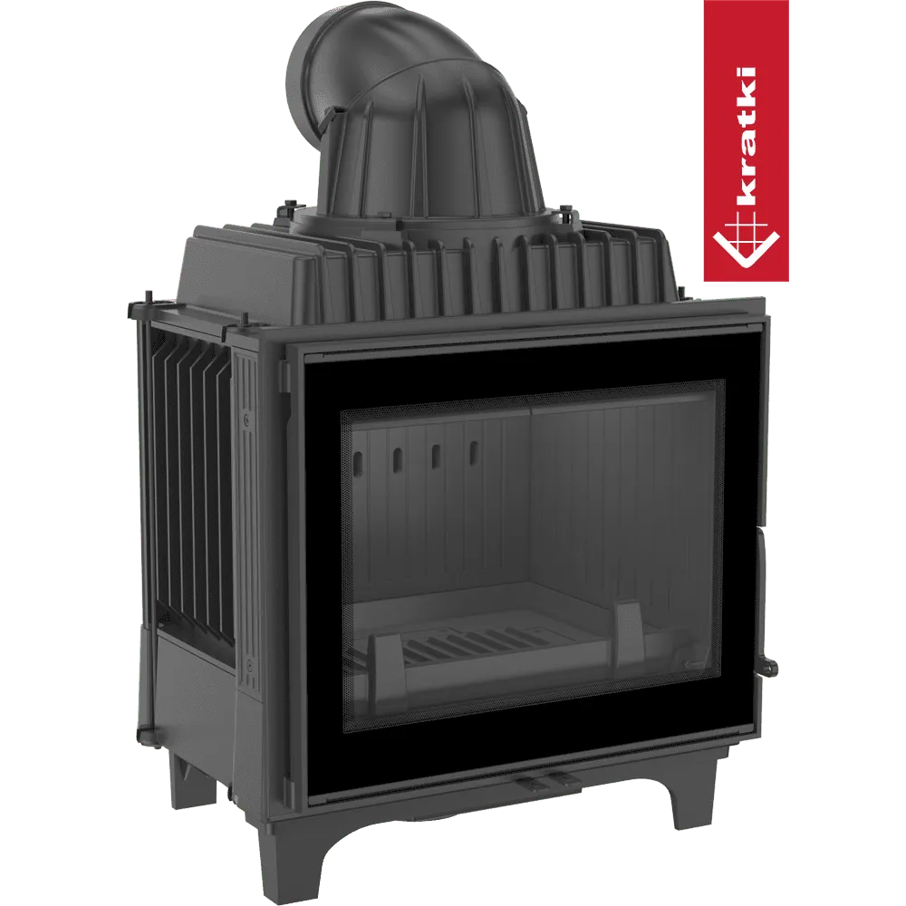 Zwarte houtkachel Kratki Franek 10 kW met glazen deur en bovenste rookafvoer.