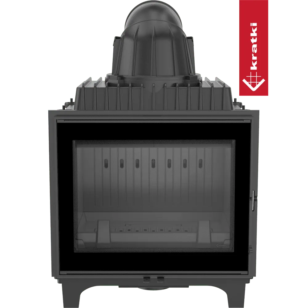Zwarte houtkachel Kratki Franek 10 kW met glazen deur en robuust ontwerp.