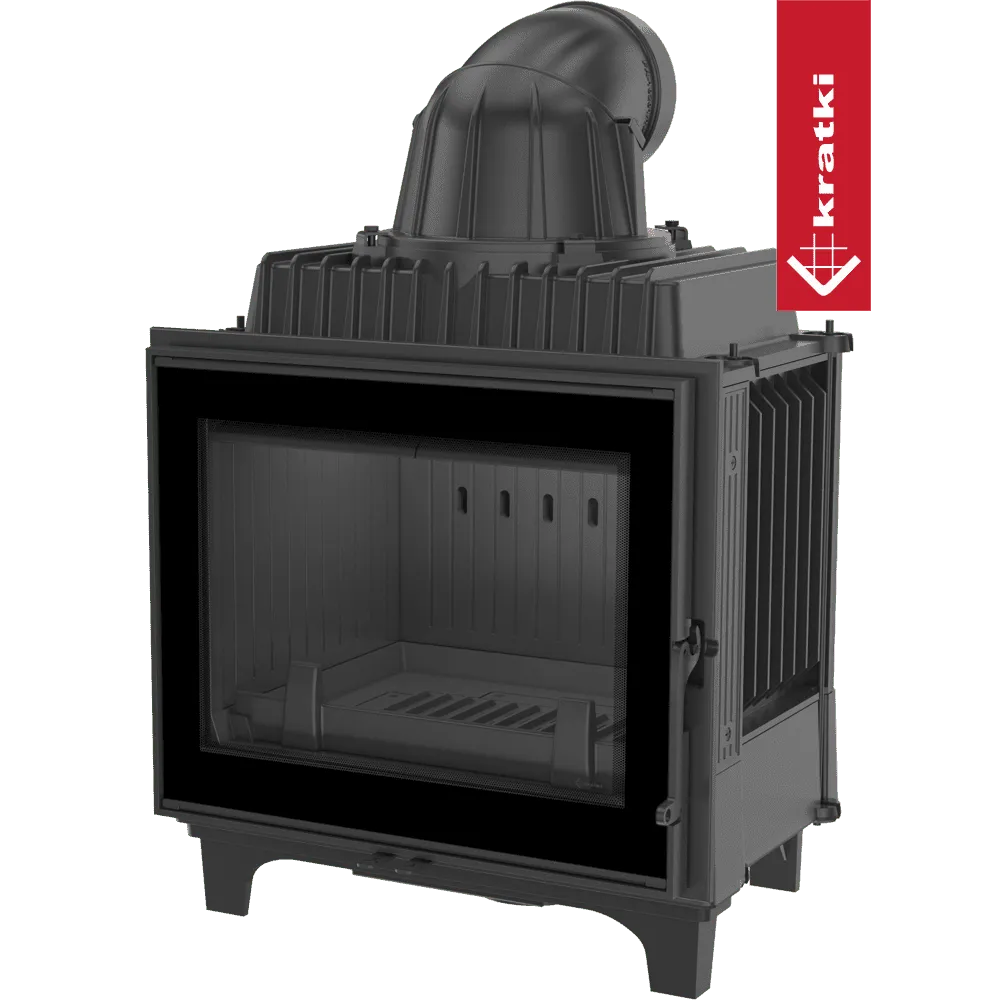 Zwarte Kratki Franek 10 kW houtkachel met glazen deur en bovenste rookafvoer.