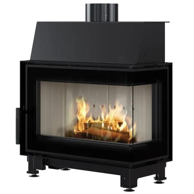 Kratki Simple S 8 kW Rechts, moderne houtkachel met glazen zijpaneel en zichtbare vlammen.