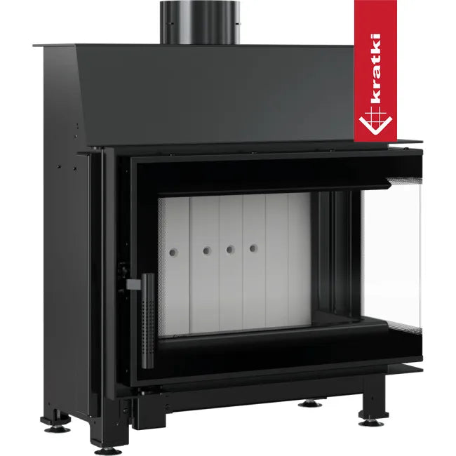 Kratki Simple S 8 kW Rechts, moderne zwarte houtkachel met glazen zijpaneel en schoorsteenpijp.