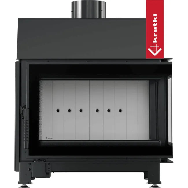 Kratki Simple S 8 kW Rechts, moderne zwarte houtkachel met glazen deur en metalen afwerking.
