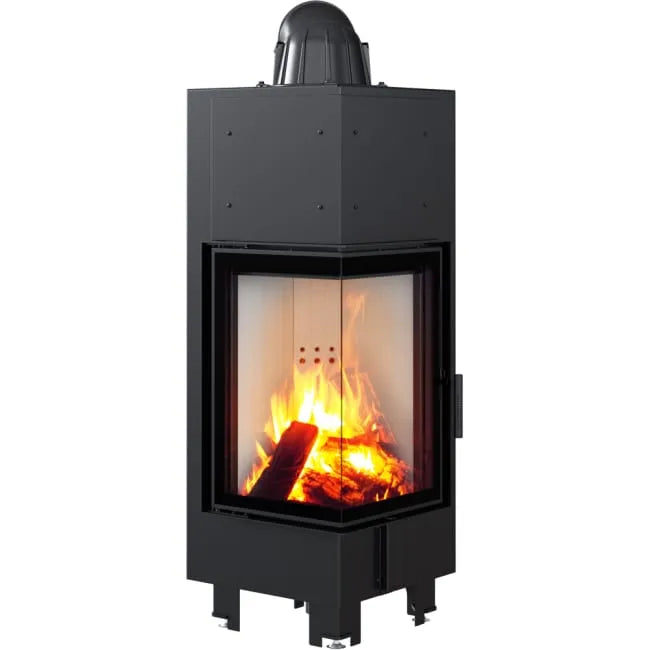 Kratki MBN 680 Links, moderne hoekhaard met brandend houtvuur en glazen zijpaneel.