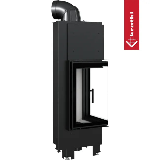 Kratki MBN 680 Links, moderne zwarte inbouwhaard met glazen deur en rookafvoer.