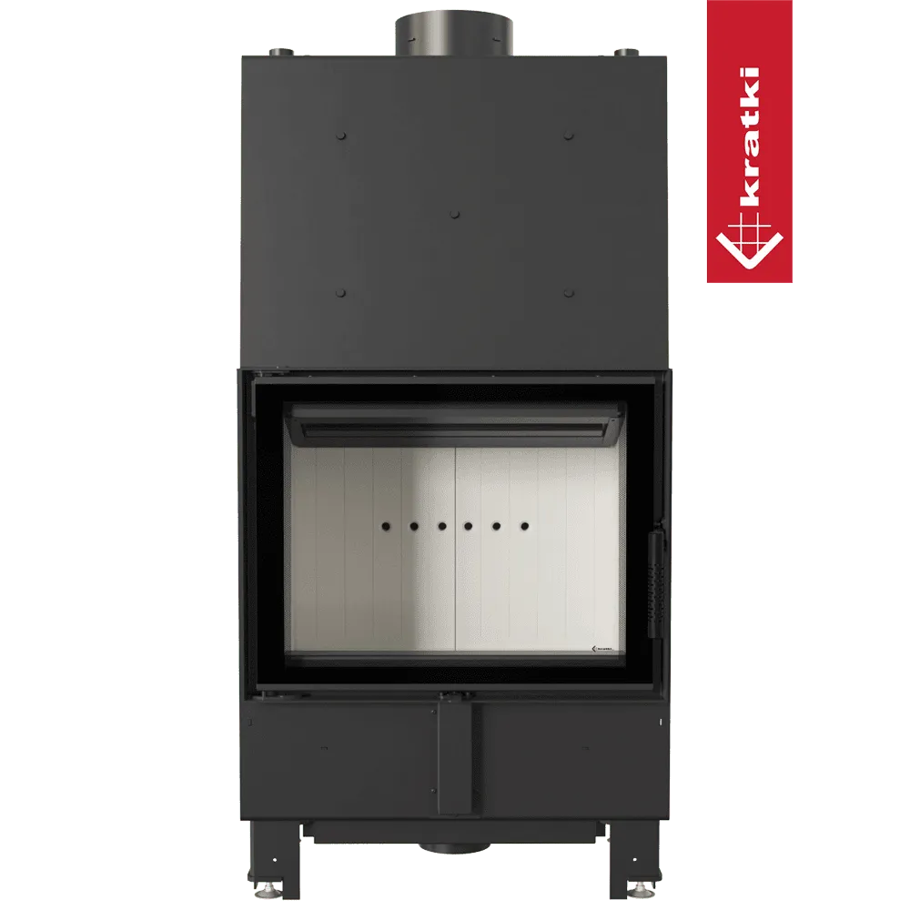 Kratki Lucy CV 12 kW, moderne zwarte houtkachel met glazen deur en witte binnenkant.