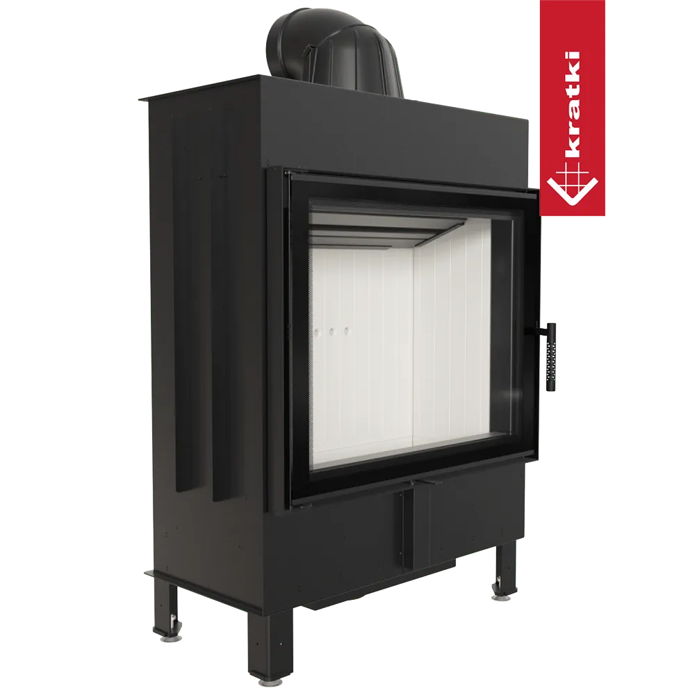Zwarte Kratki Lucy 15 kW houtkachel met glazen deur en witte binnenkant.