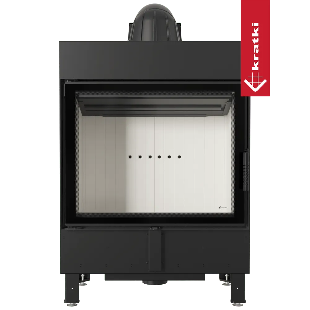 Kratki Lucy 15 kW houtkachel met zwart metalen frame en witte binnenkant.