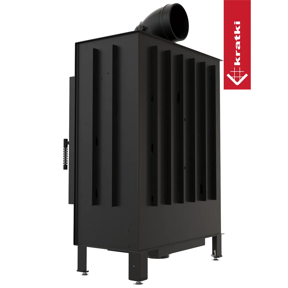Zwarte Kratki Lucy 15 kW houtkachel met verticale ventilatieopeningen en bovenste rookafvoer.