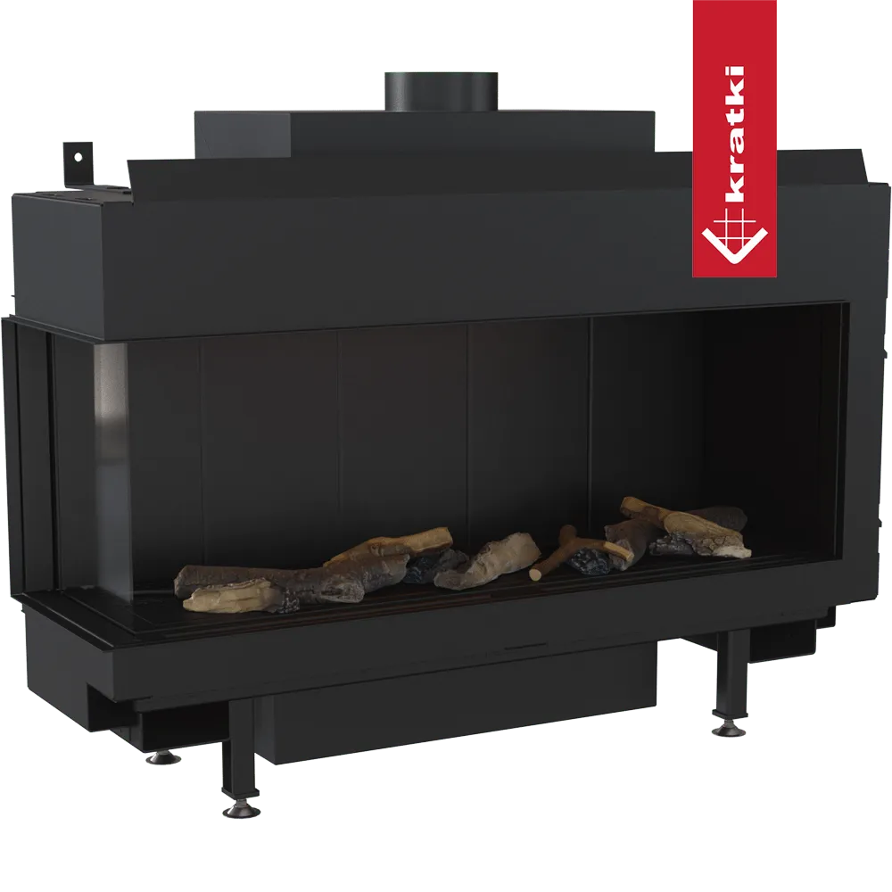 Zwarte Kratki Leo 100 Links gashaard met glazen zijpaneel en decoratieve houtblokken.