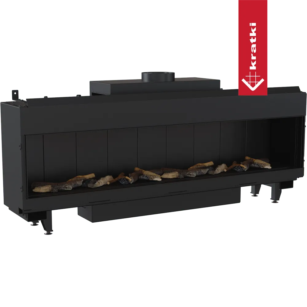 Kratki Leo 200, moderne zwarte inbouwhaard met realistische houtblokken en glazen voorkant.
