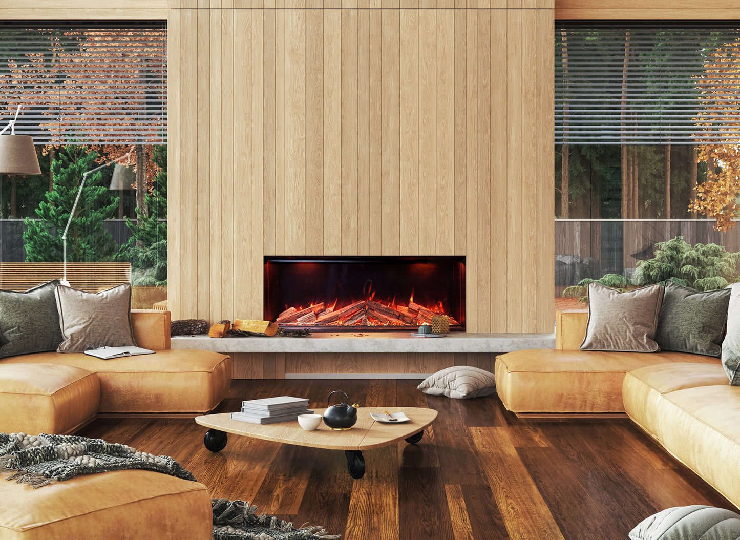 Woonkamer met houten muren, leren banken en de Element4 Elite 125 E Supreme elektrische haard.
