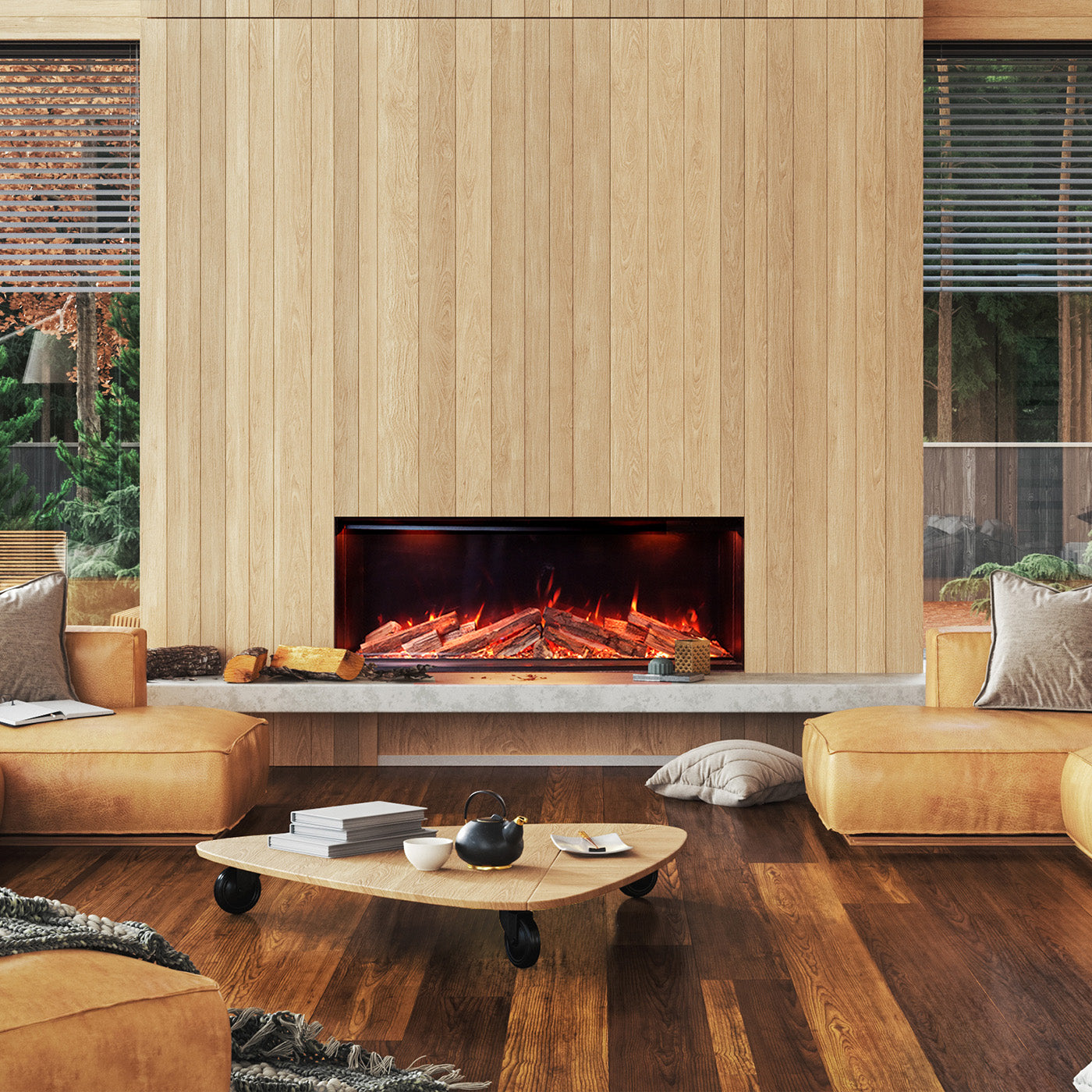 Gezellige woonkamer met de Element4 Elite 125 E Supreme elektrische haard, omgeven door houten panelen.