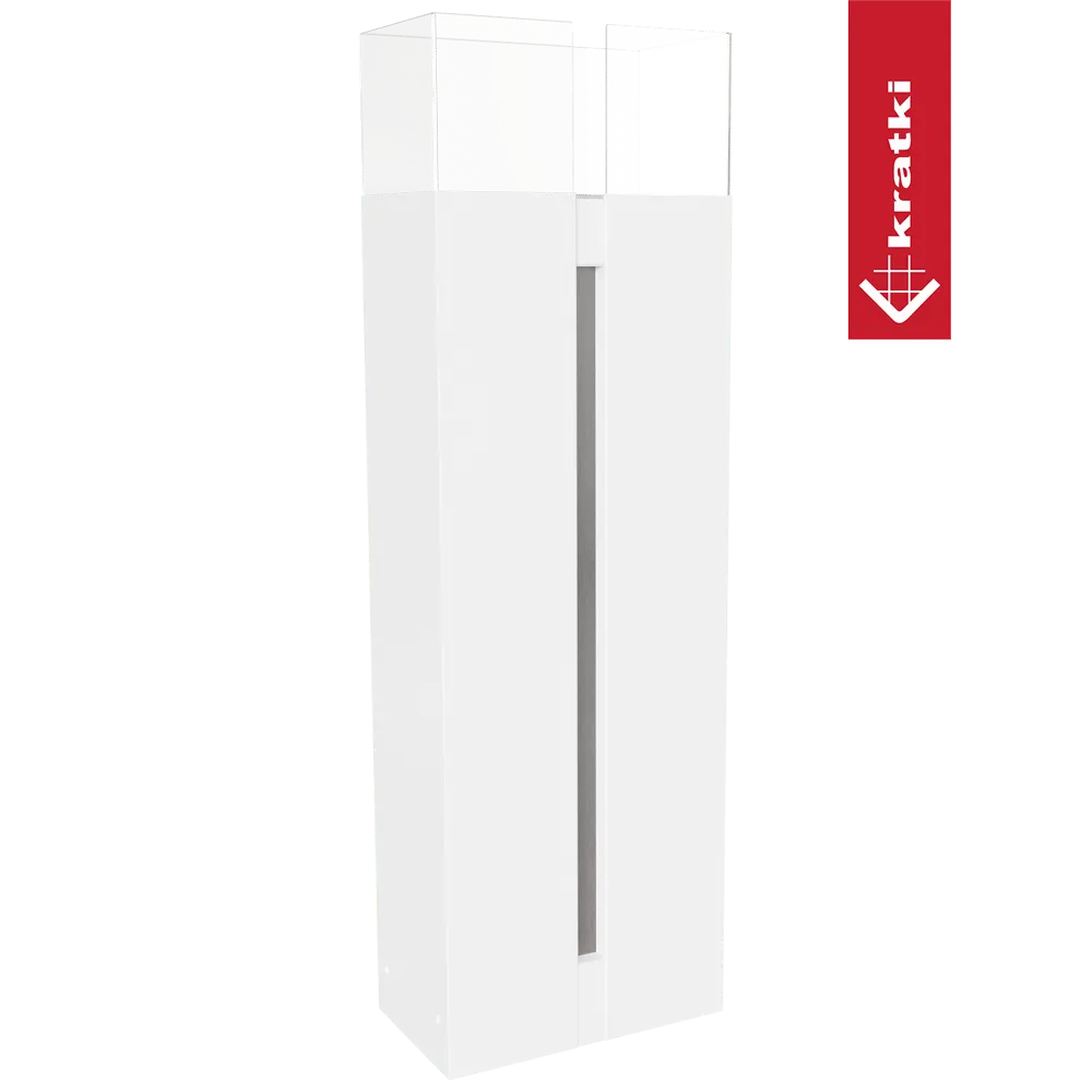 Witte, moderne Kratki Romeo TÜV bio-ethanol haard met glazen bovenkant en smalle verticale opening.