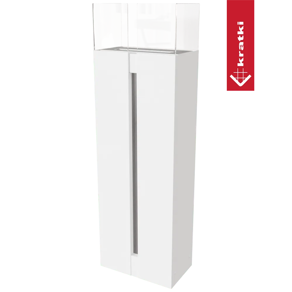 Witte, moderne Kratki Romeo TÜV bio-ethanol haard met glazen ombouw en strak design.