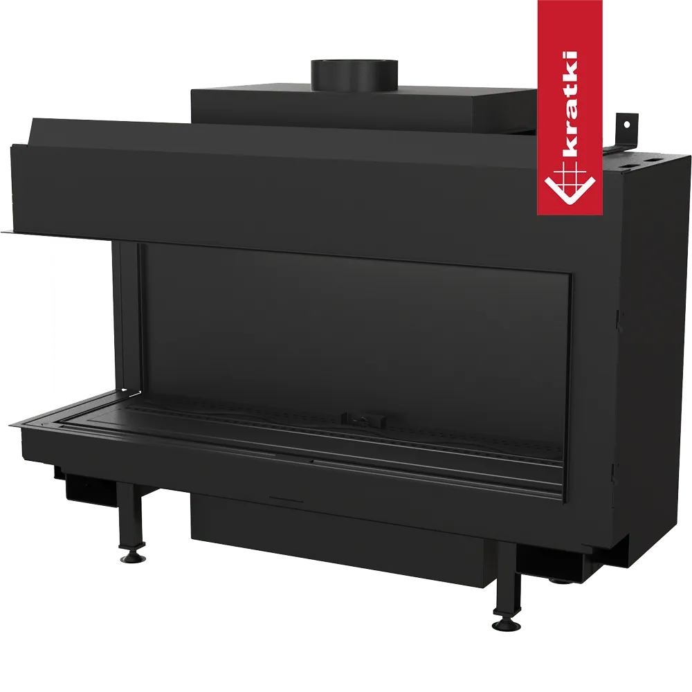 Zwarte Kratki Leo 100 Links inbouwhaard met glazen deur en metalen frame.