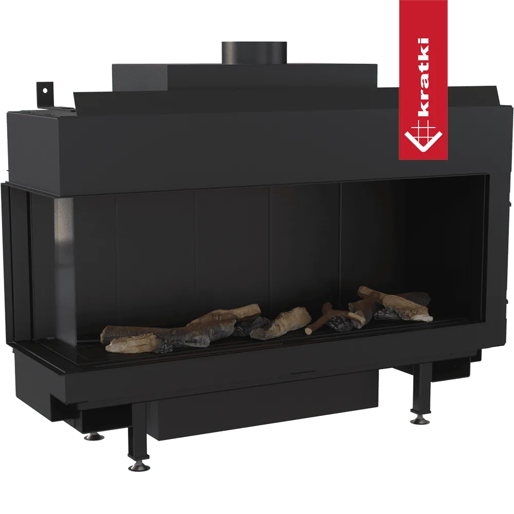 Zwarte Kratki Leo 100 Links gashaard met glazen zijpaneel en decoratieve houtblokken.
