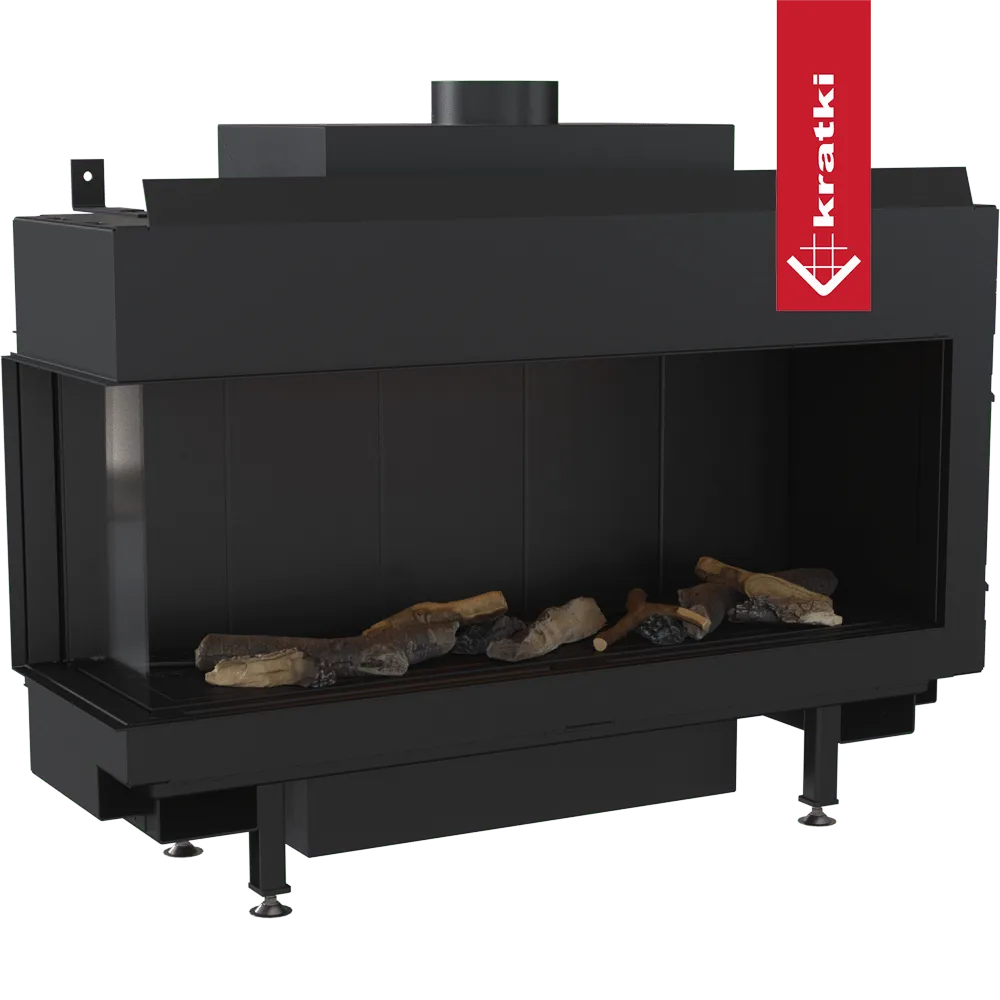 Zwarte Kratki Leo 100 Links gashaard met glazen zijpaneel en decoratieve houtblokken.