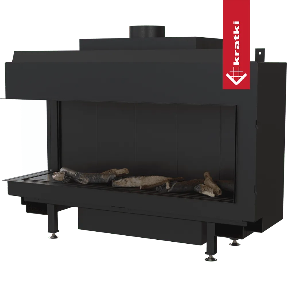Zwarte Kratki Leo 100 Links gashaard met glazen voorkant en decoratieve houtblokken binnenin.