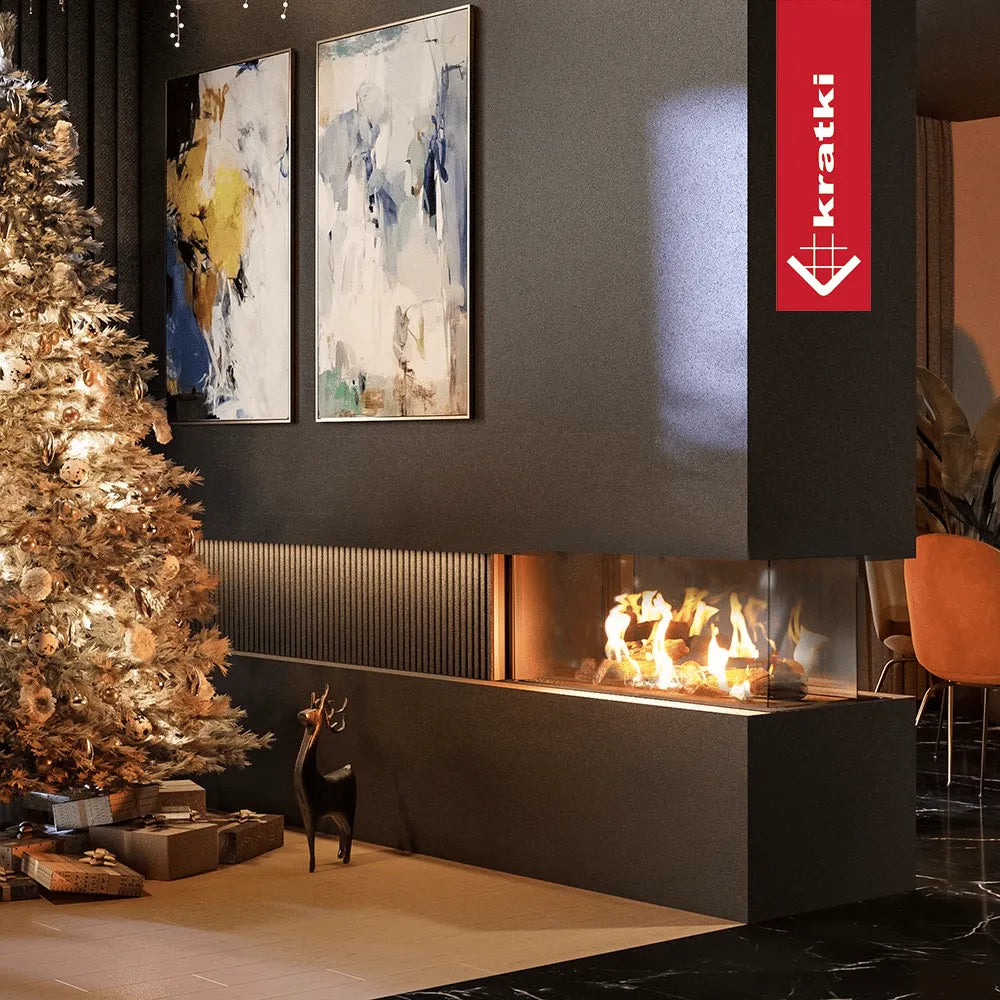 Kerstboom naast moderne haard Kratki Leo 100 Links & Rechts, met abstracte schilderijen aan de muur.